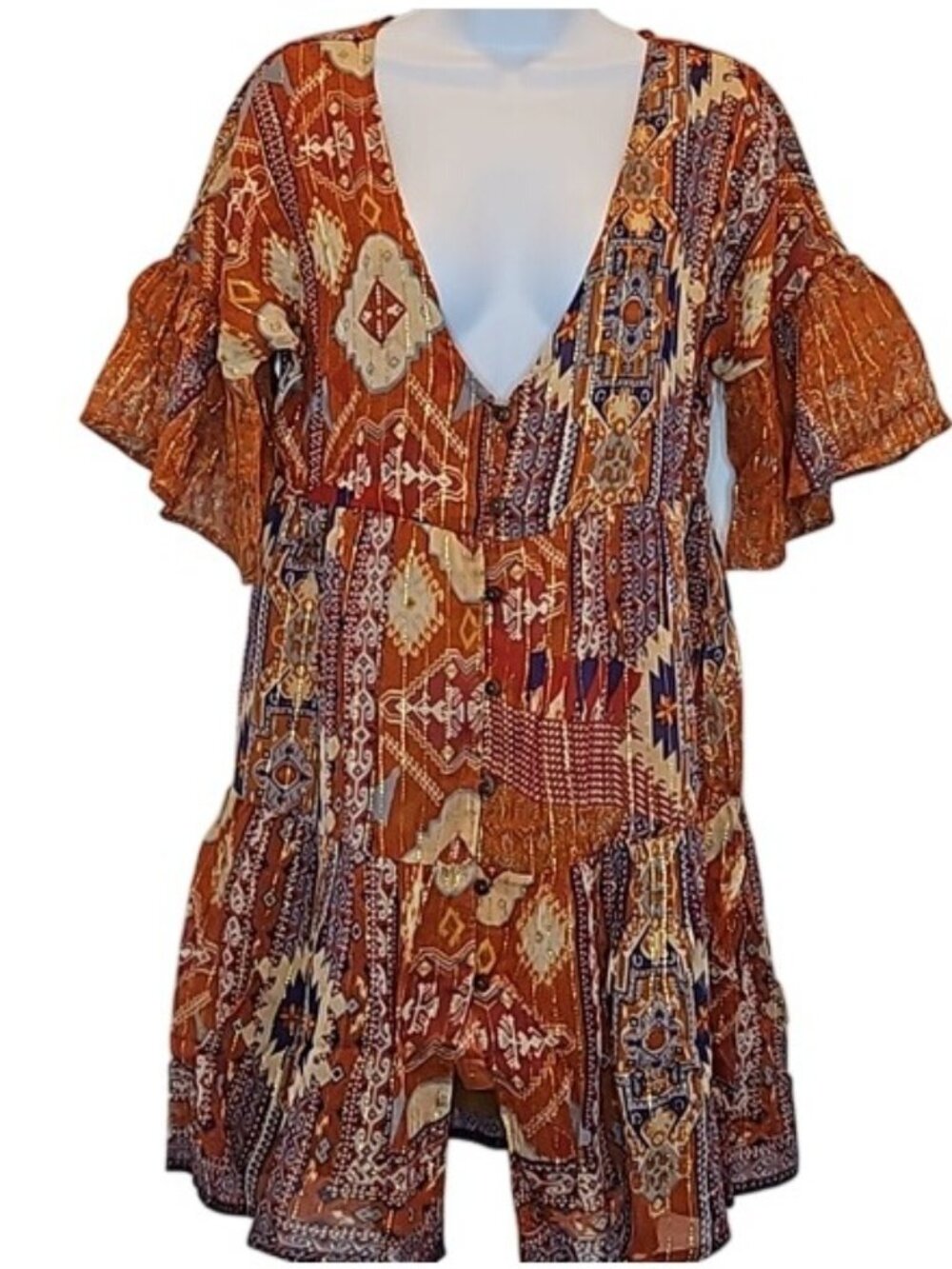 RAGA Sunset Flutter Sleeve Metallic Dress New Medium Southwestern Festival